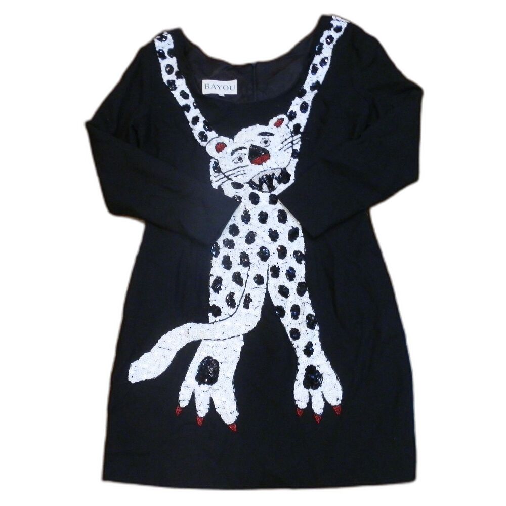 Bayou Women's Vintage Leopard Design Lined Black Sequin Dress Size Large